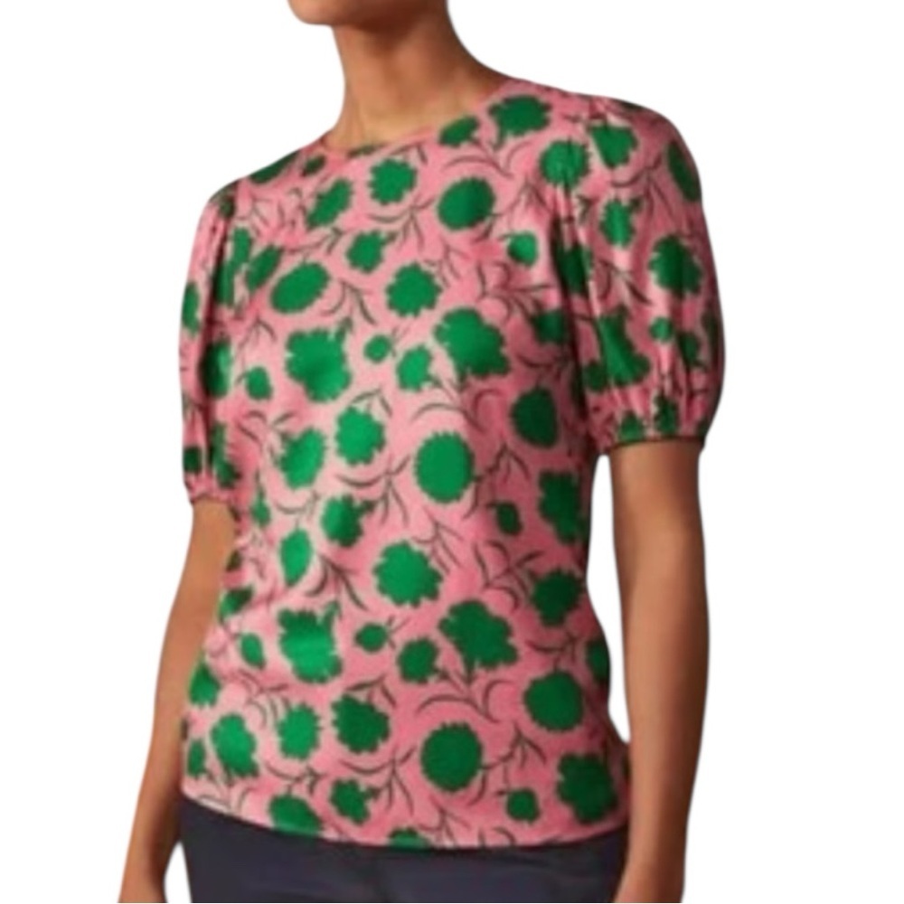 New Boden Adrianna Silk Blend Lemonade Leafy Bud Top Pink /Green SZ 12